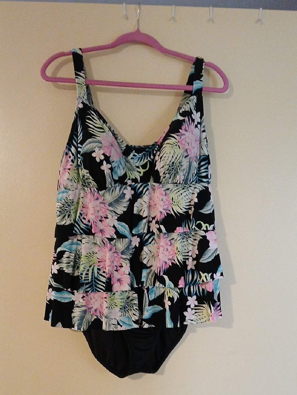 Floral Tiered Black One-Piece Swimsuit with Pink & Teal Blooms